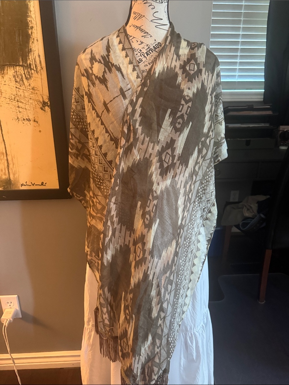 Boho Aztec Print Kimono Wrap - Taupe & Cream